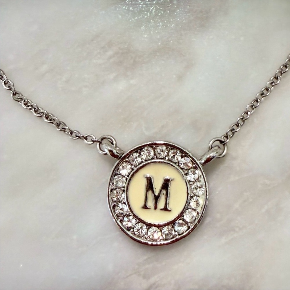 Silver CZ Initial M Monogram ID Necklace Ivory Enamel Jewelry Boutique